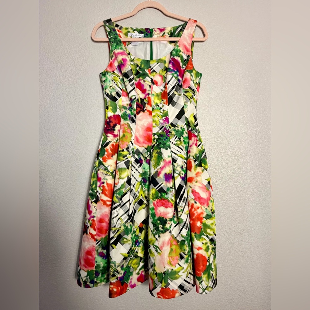 OSCAR DE LA RENTA Green floral Taffeta Scoop Neck Dress